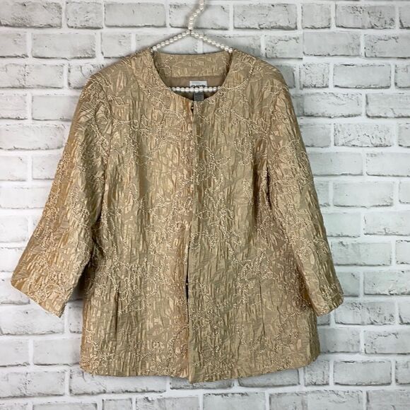 Chico’s Size 2 Medium Jacket Blazer Gold Metallic Embroidered Satin Sparkle - Picture 1 of 9
